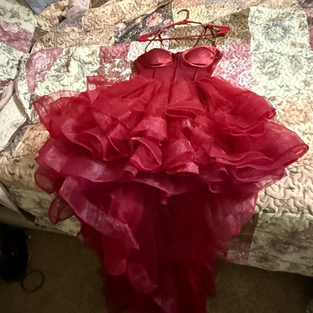 SHEIN Red Ruffled High-Low Tulle Party Dress